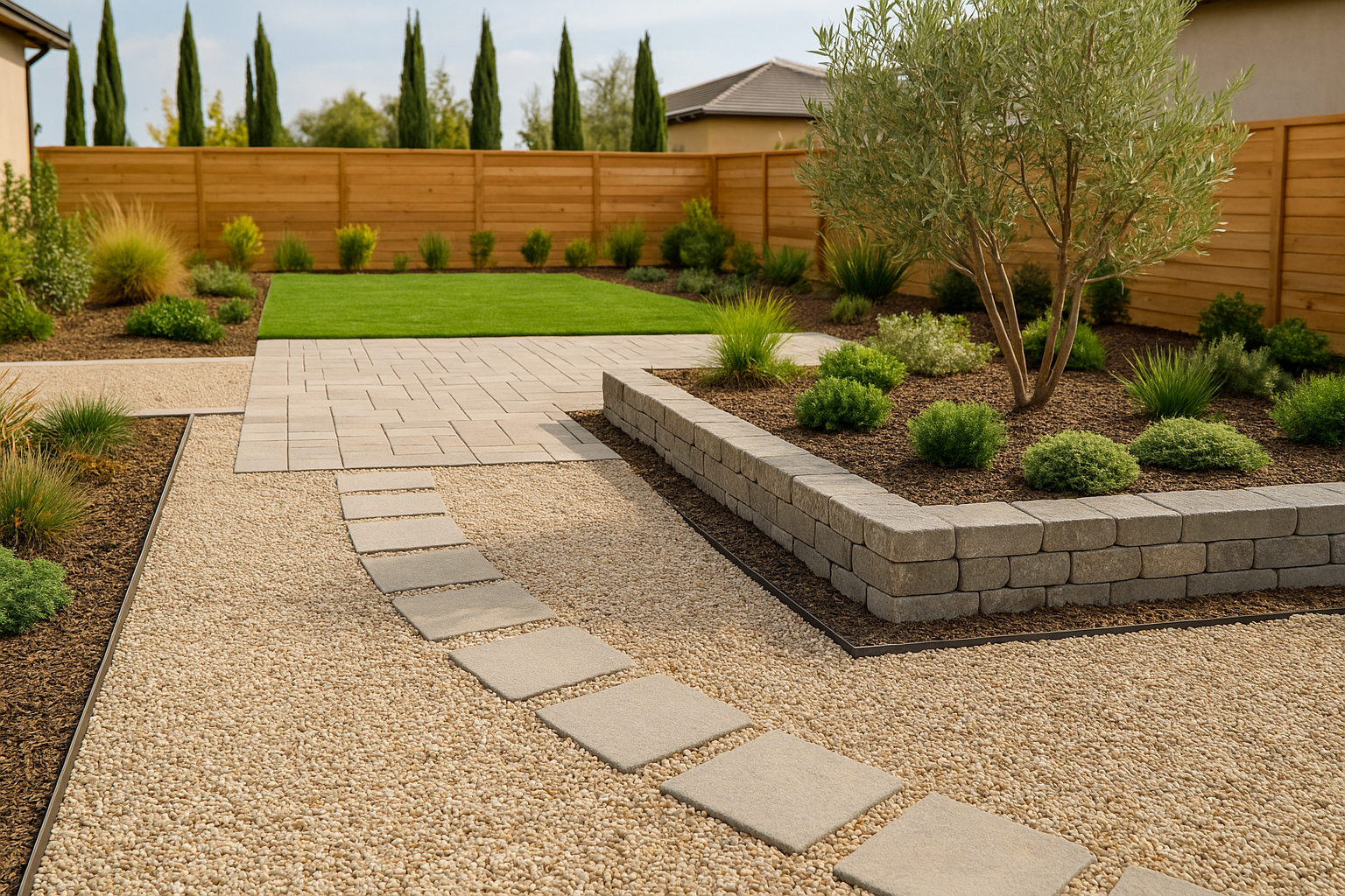 Gravel and Pavers Fontana backyard: stone pathway with seating area